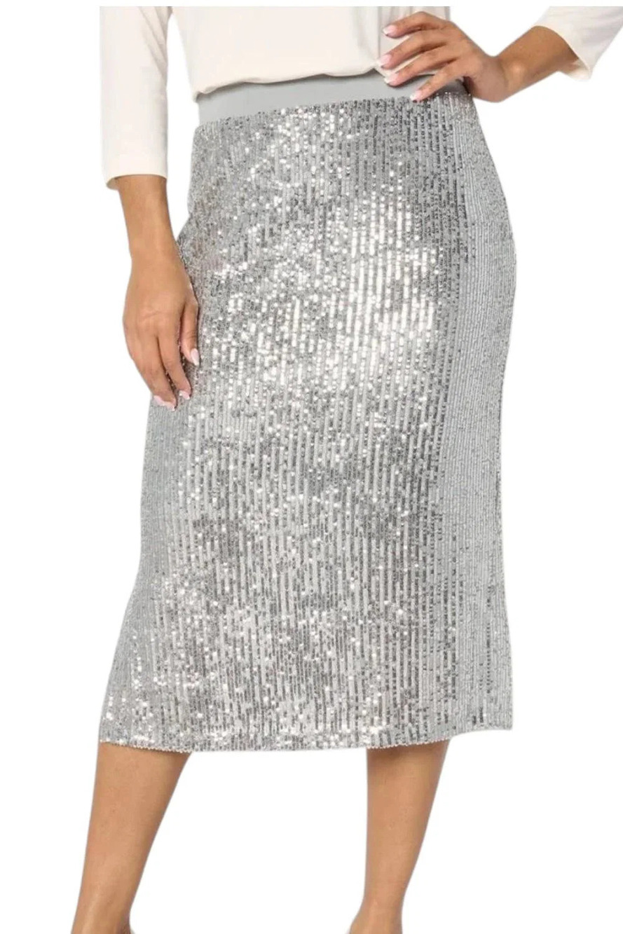Susan Graver Occasions Sequin Midi Pull-On Pencil Skirt Sliver - Petite